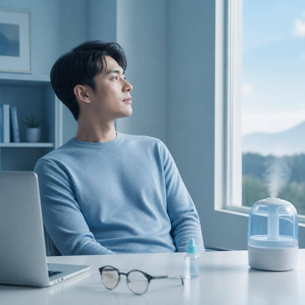 눈 건강을 위한 생활 관리 장면을 담은 가로형 삽화, 책상 위 무방부제 인공눈물과 안경, 