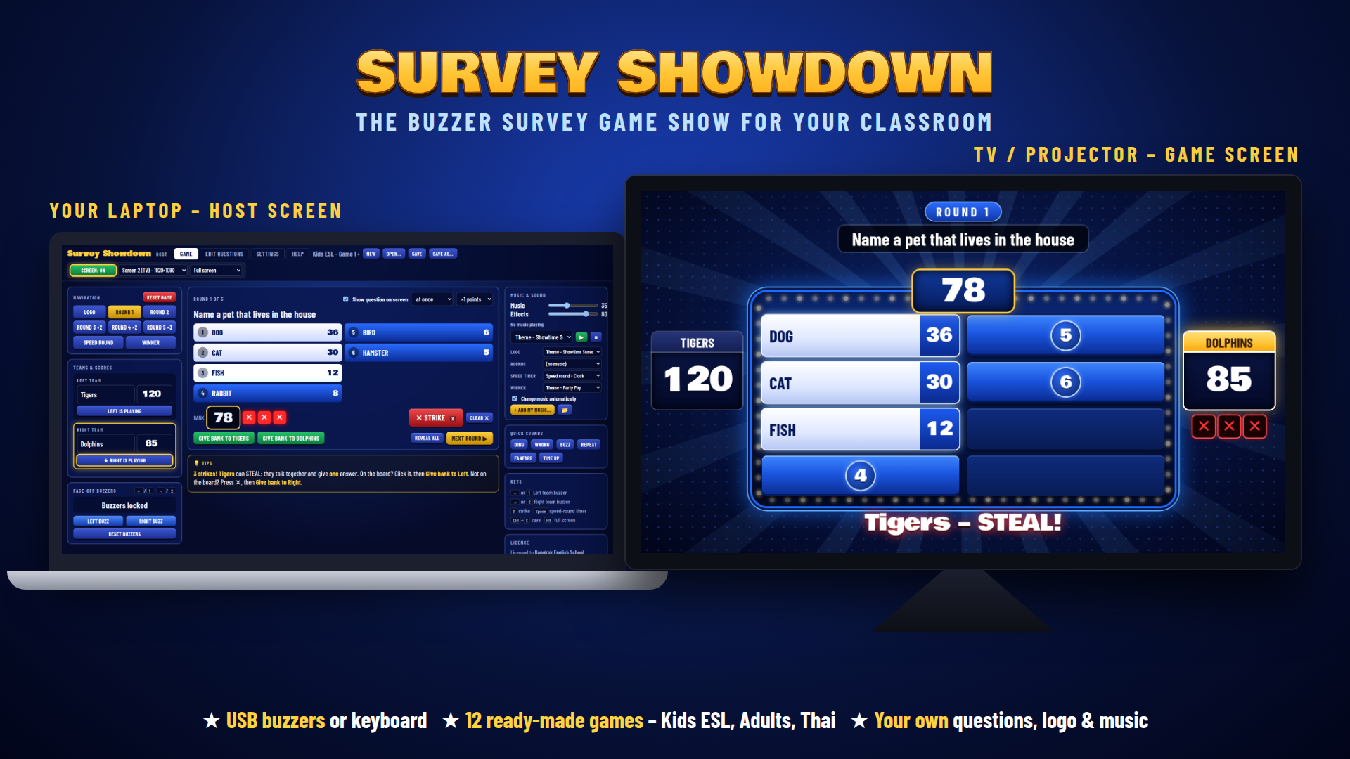 Survey Showdown – Host screen on the laptop, game screen on the TV