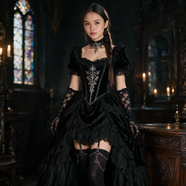 wearing a black Victorian-inspired maid outfit with heavy lace, velvet textures, corset with silver embroidery, layered skirt with dark ruffles, black lace gloves, thigh-high stockings with gothic jewelry chains, ornate choker with gemstone, standing in a dimly lit room with stained-glass windows, candlelight reflections, carved wooden furniture, full body view, deep expressive eyes, looking forward.