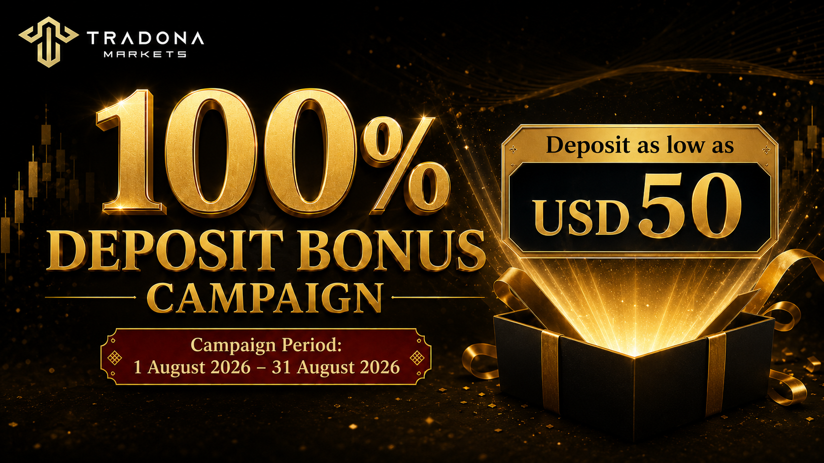 100% Deposit Bonus Campaign — Tradona Markets, 1 to 31 August 2026