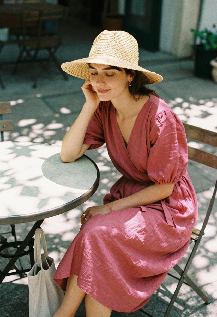 Dusty rose linen wrap dress with straw hat at a sunlit garden patio