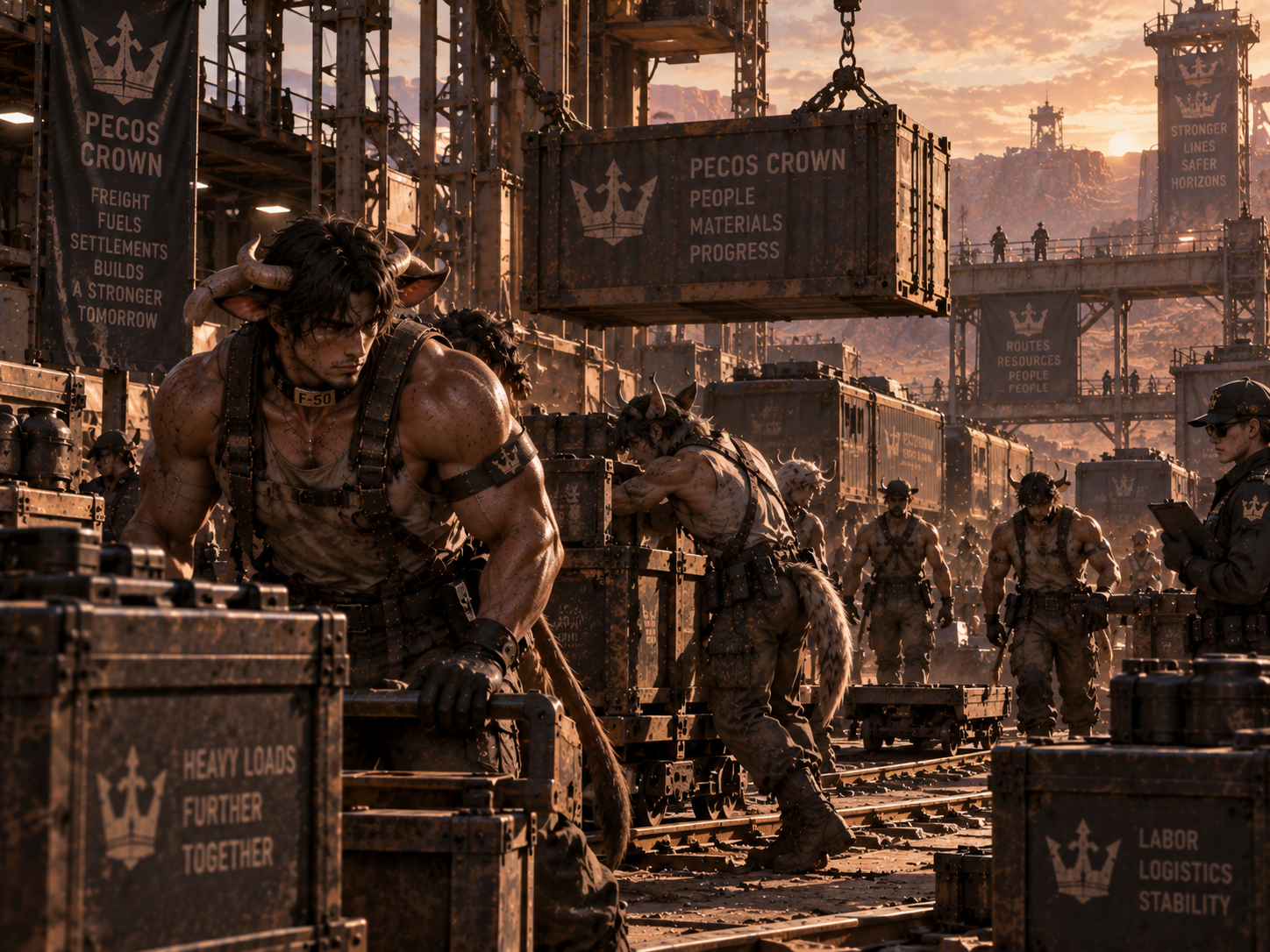 Large demi-human workers handling freight and industrial cargo in the Pecos Crown