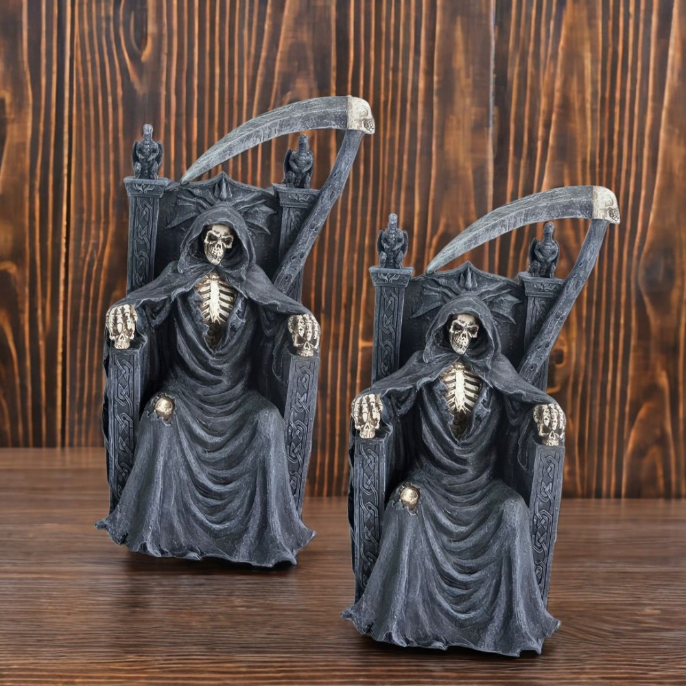 2-PC Gift Set 11.25″H Grim Reaper in Arm Chair Figurine Ornament Home Decor Gift