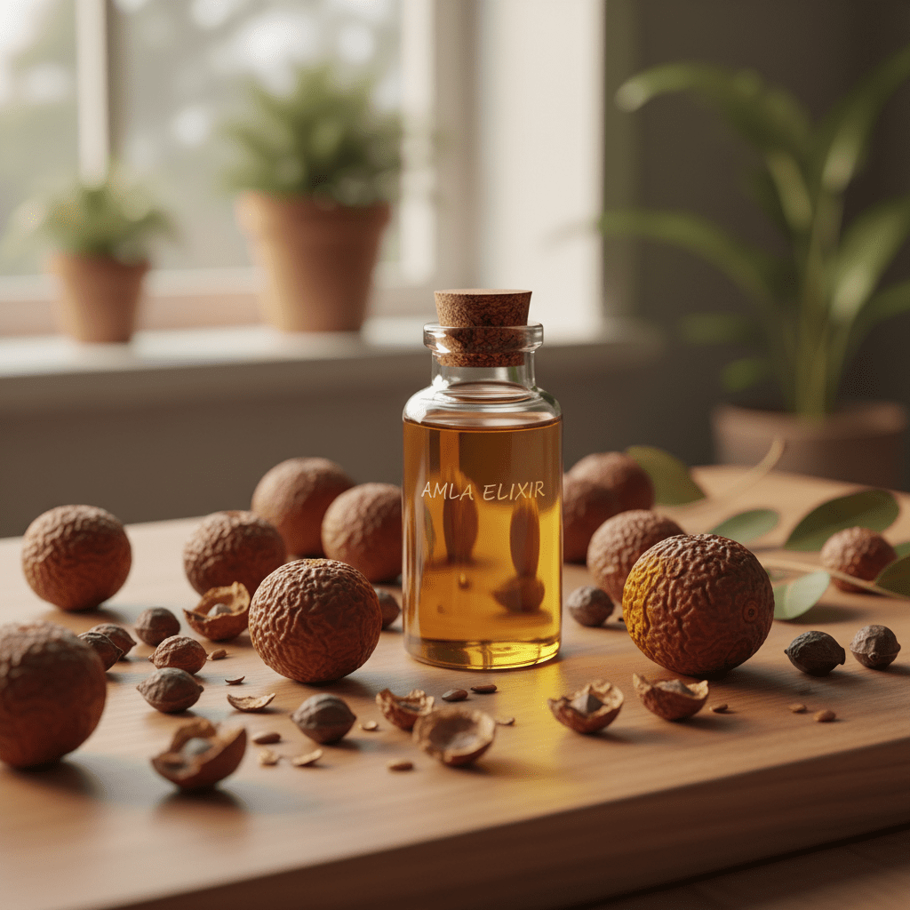 Amla berries, seeds, and amber oil bottle on a wooden surface