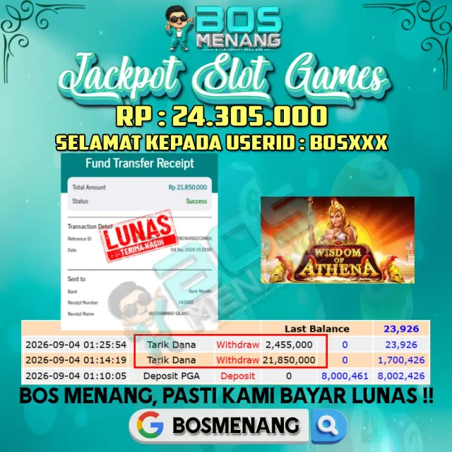 Bukti JACKPOT Tanggal 04 SEPTEMBER 2026 - MENANG SLOT GAMES - Wisdom Of Athena (PRAGMATIC PLAY) Rp 24.305.000,-