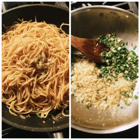 Bowl of ginger scallion noodles topped with fresh scallions and sesame seeds, served as a quick Asian-inspired meal.