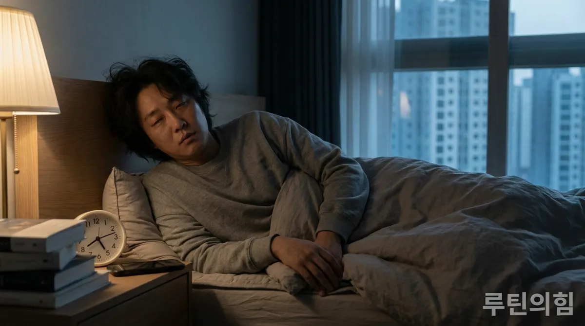 30대 한국인이 불규칙한 수면 시간으로 인해 피곤하고 지쳐 보이는 모습, 침대 옆 시계와 함께