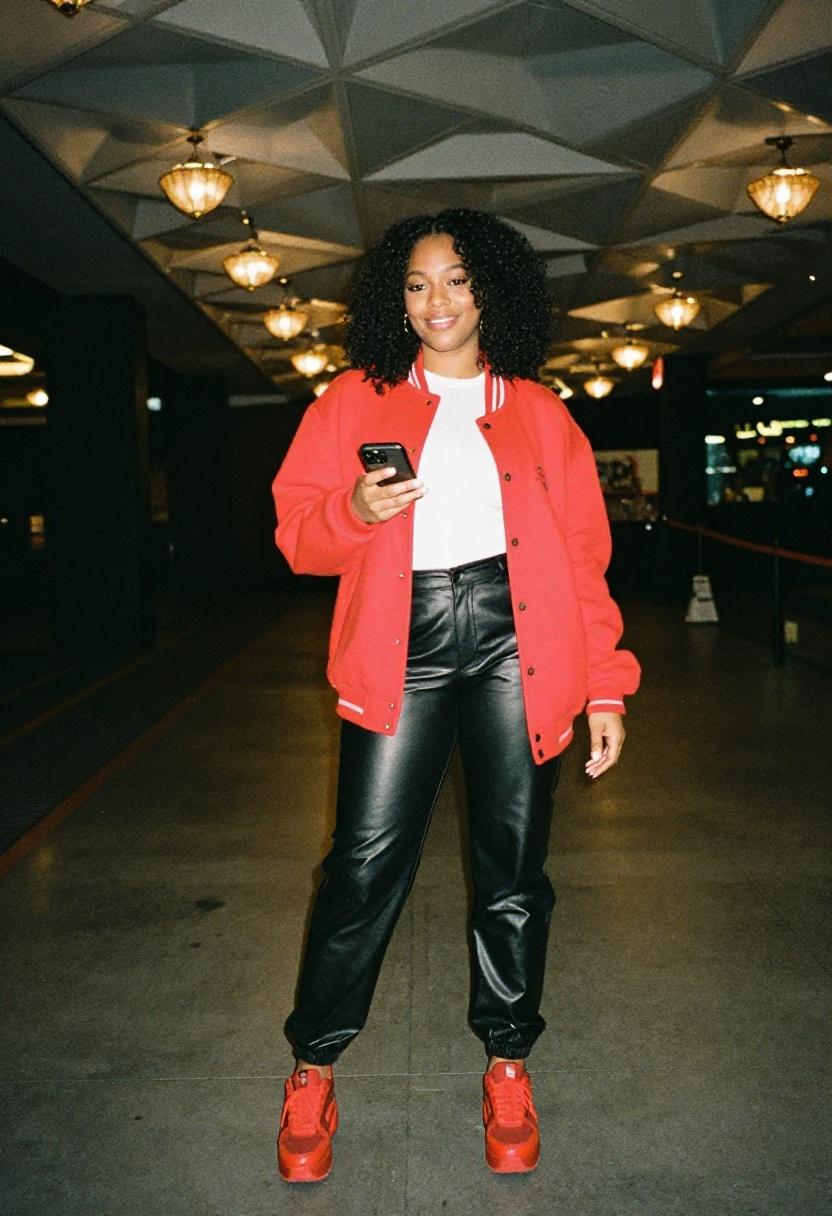 Cherry red varsity jacket with sleek joggers for confident courtside look