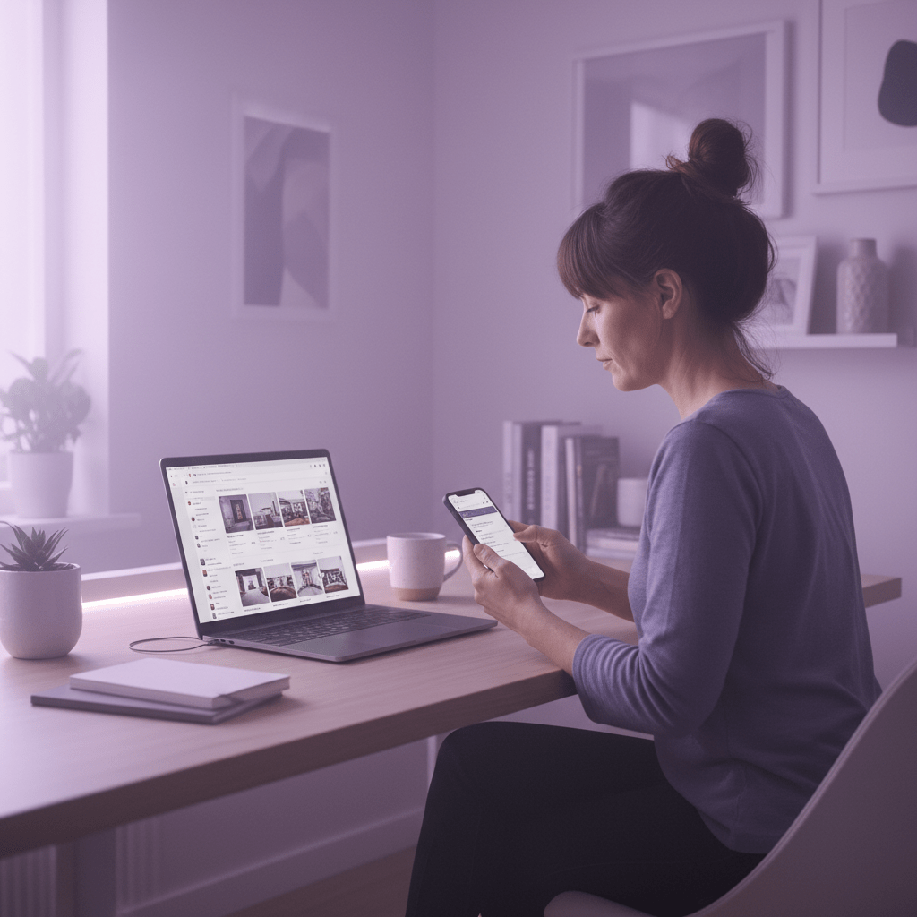 An Airbnb host reviewing listing visibility on a laptop and phone, with a muted luxury home-office look