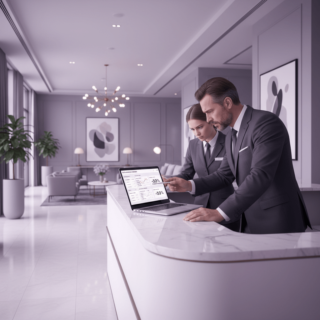 A modern hotel front desk with an OTA booking dashboard on a laptop, concerned manager reviewing commission fees, elegant lobby background