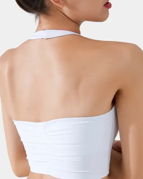 Halterneck Back-Ruched Sports Bralette – Lycra Crop Top, Back view