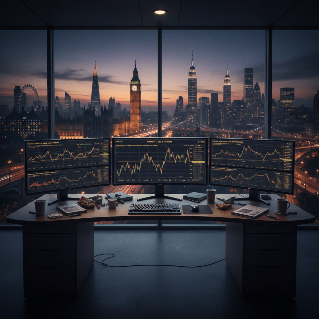 A modern trading desk with monitors showing gold charts against a backdrop of London and New York skylines.