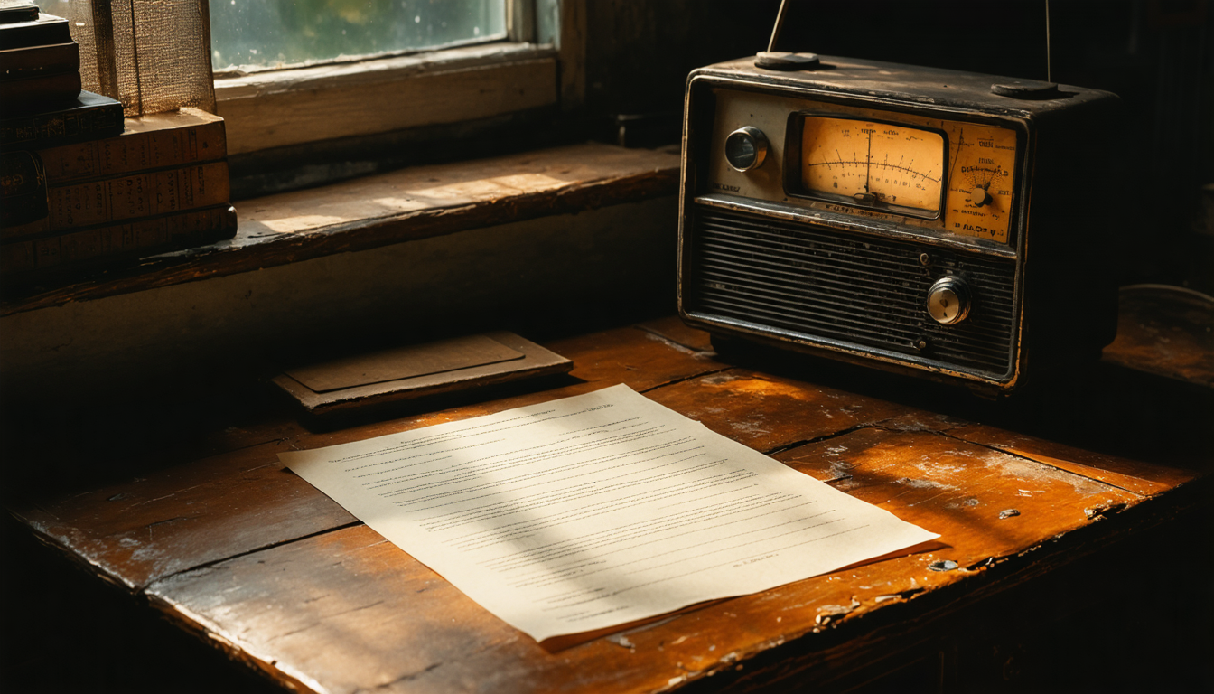 A vintage paper questionnaire on a wooden desk beside a switched-on radio dial glowing faintly in dim light.