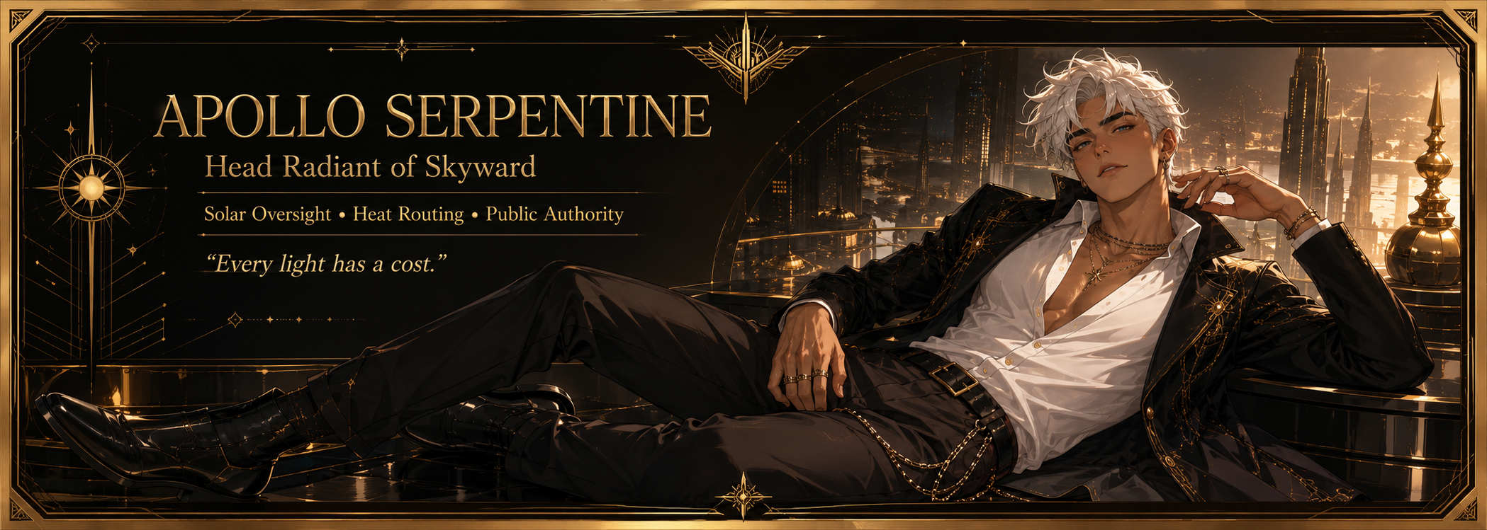 Apollo Serpentine banner showing Apollo in black and gold Skyward styling with the quote Every light has a cost