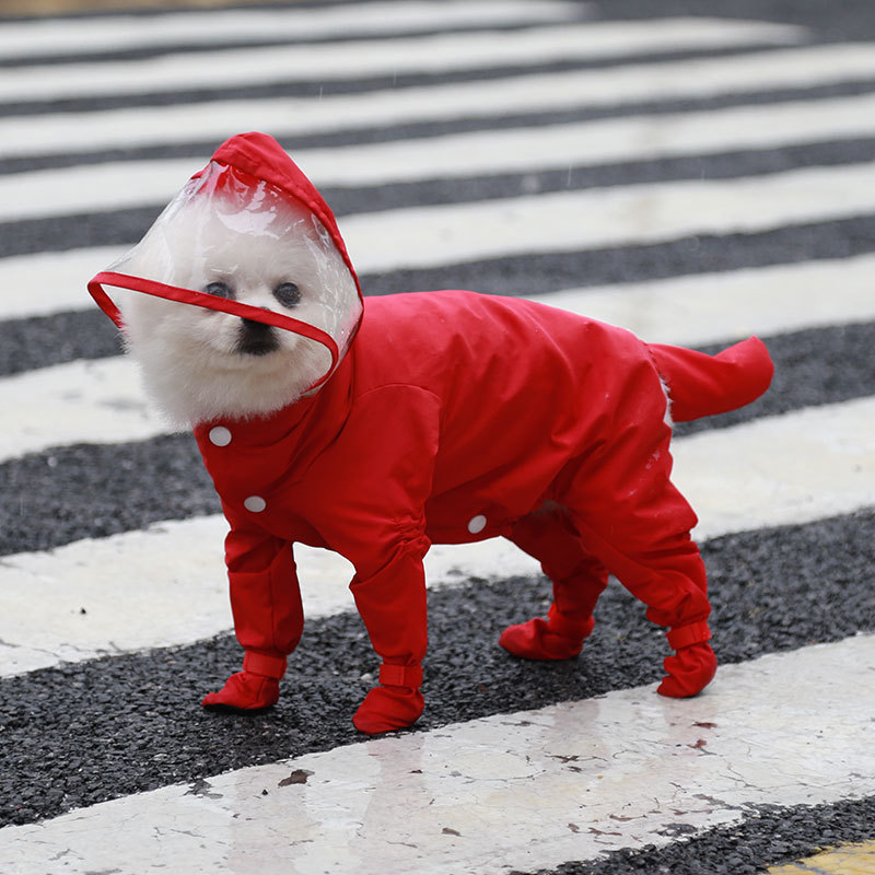 Red L size Full Coverage Pet Raincoat Jumpsuit Waterproof Dog Rain Suit with Attached Shoes and Tail Cover-Lightweight Hooded Dog Poncho for Small Dogs