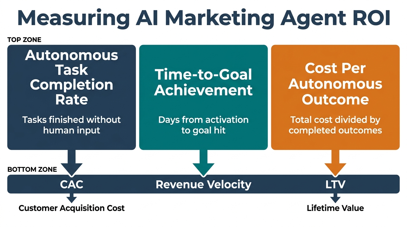 ROI measurement infographic for AI marketing agents showing three KPIs: Autonomous Task Completion Rate, Time-to-Goal Achievement, and Cost Per Autonomous Outcome mapped to CAC, Revenue Velocity, and LTV — The Zulu Method
