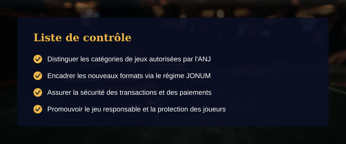 Analyser le fonctionnement d'une application casino en ligne dans le cadre législatif français — Liste de contrôle