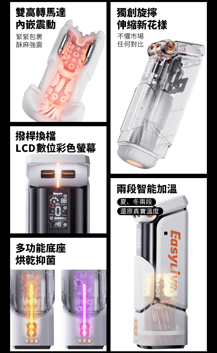 EasyLive NO8 智能電動飛機杯，雙高轉馬達震動、旋擰伸縮、LCD彩色螢幕撥桿換檔、兩段智能加溫、多功能底座烘乾抑菌