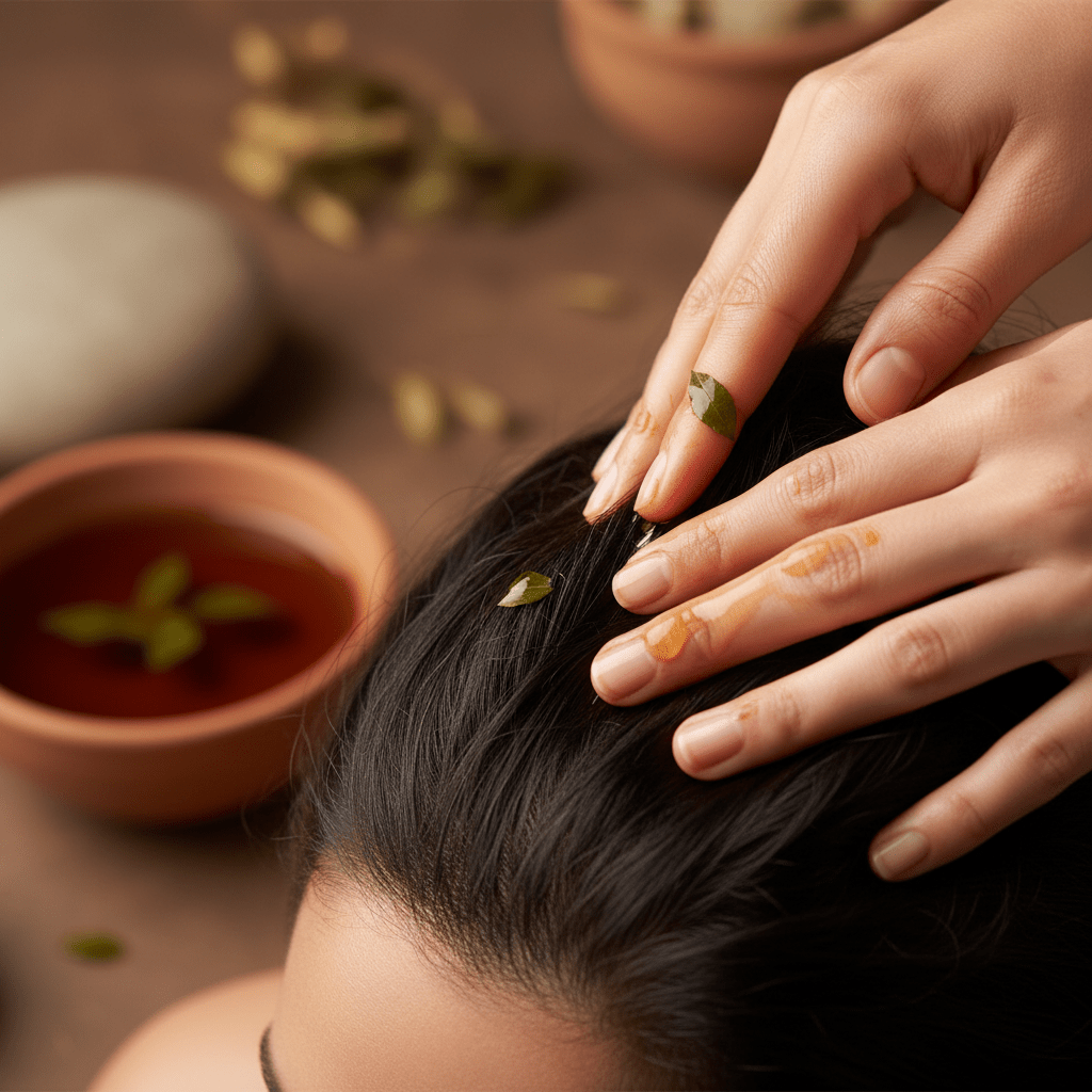 Scalp massage with herbal oil in a calm spa setting, showing a natural hair care routine