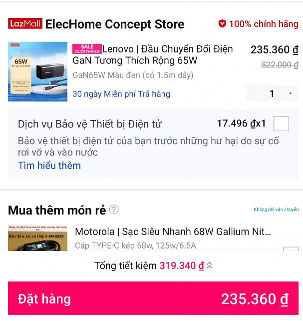 Lenovo | Đầu Chuyển Đổi Điện GaN Tương Thích Rộng 65W