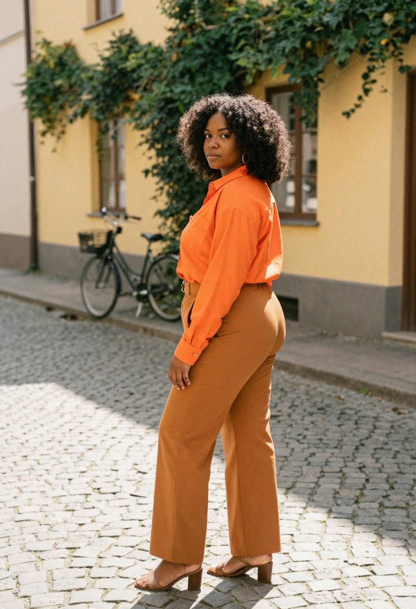 Tangerine orange oversized plus size button-down tucked into caramel wide-leg trousers on cobblestone street