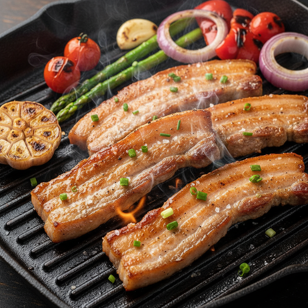노릇노릇하게 구워진 난축맛돈 구이와 곁들임 채소