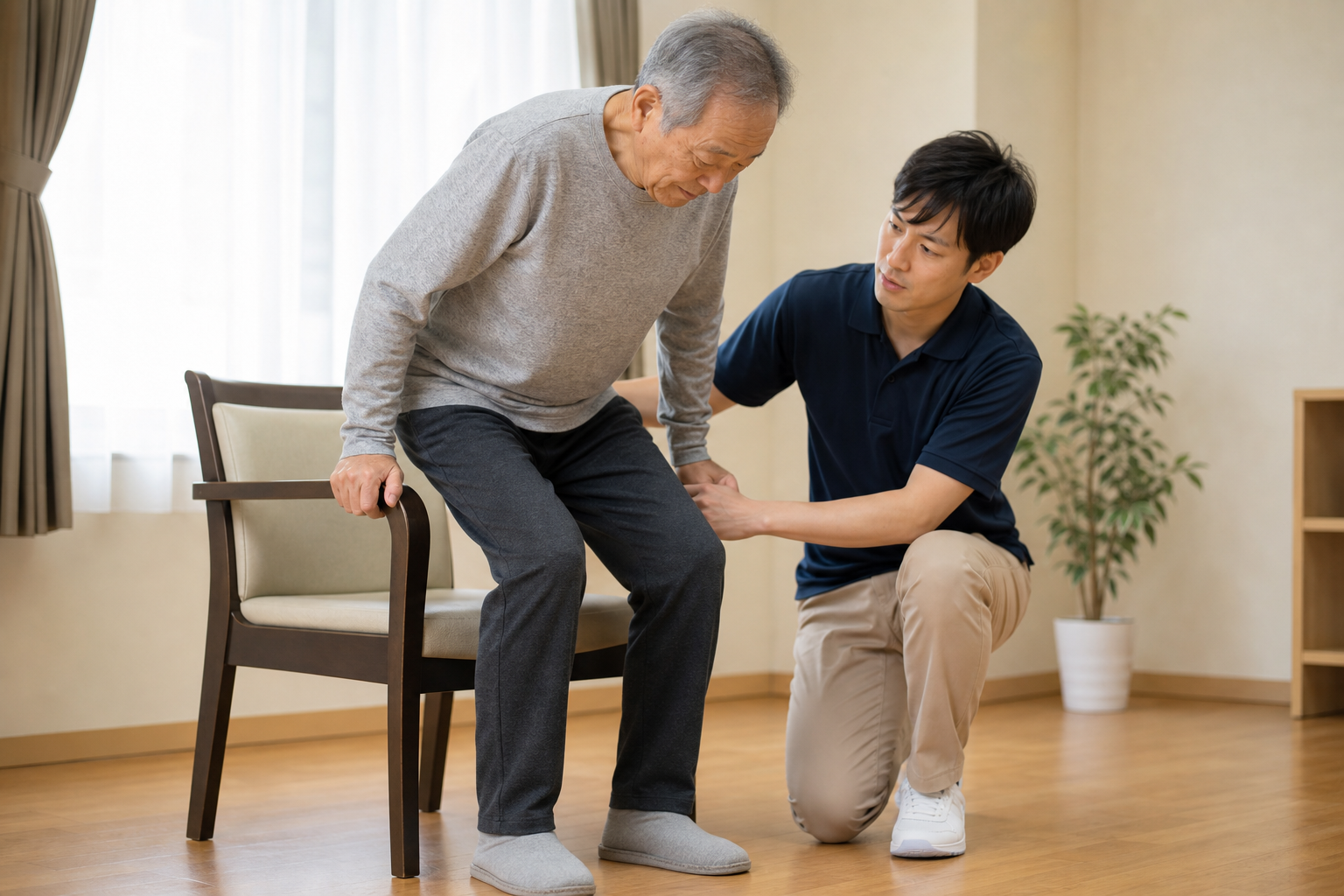 特発性正常圧水頭症のシャント手術後に椅子からの立ち上がりを練習する高齢者とリハビリ専門職