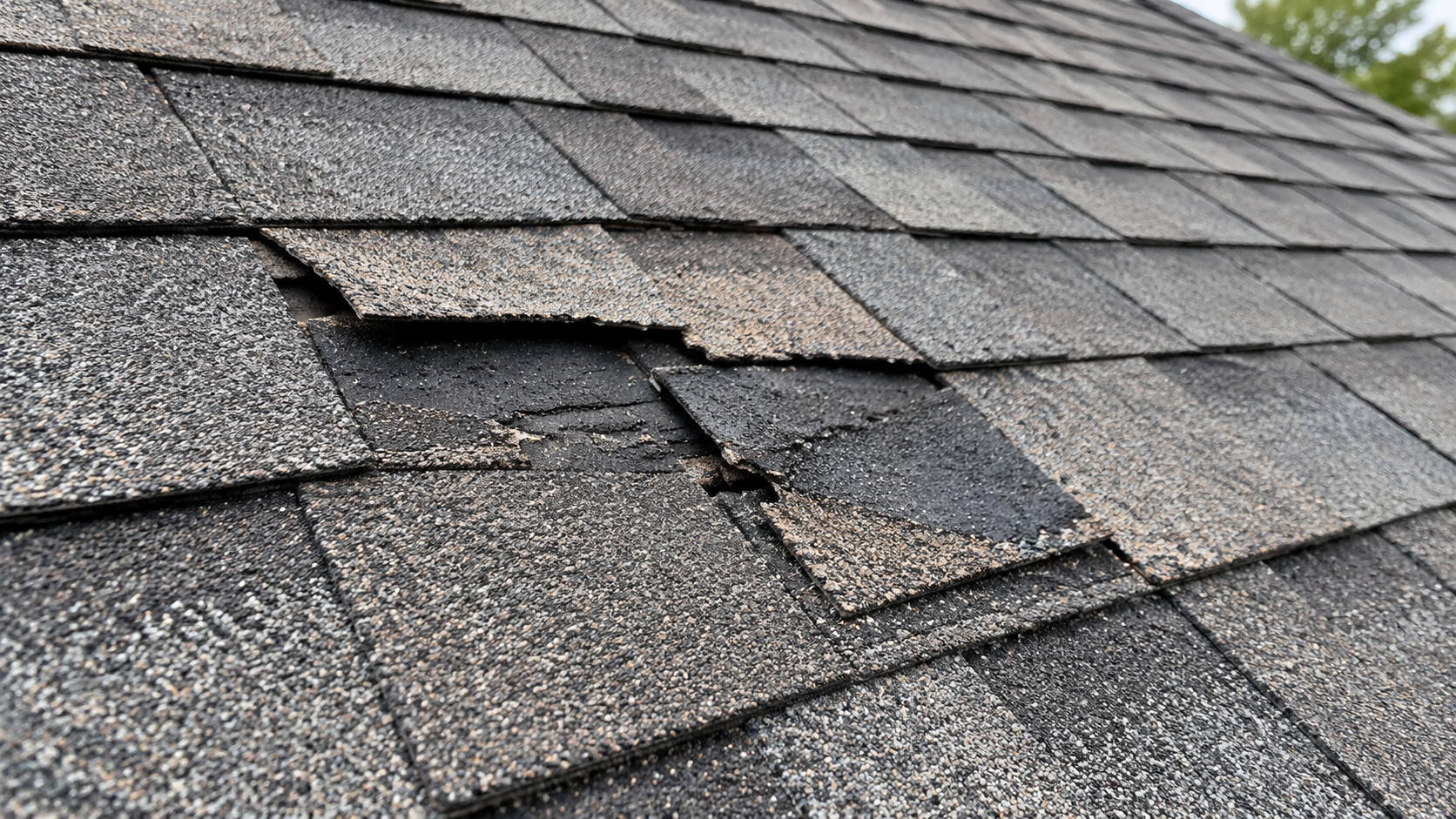 Localized damaged asphalt shingles surrounded by intact roofing