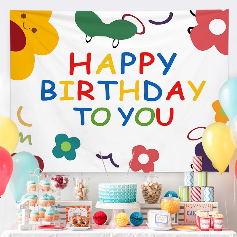 Cartoon Birthday Wall Tapestry Banner(Floral Style) - Colourful Happy Birthday Backdrop Hanging Cloth with Installation Accessories for Party Bedroom Dorm Room Decoration
