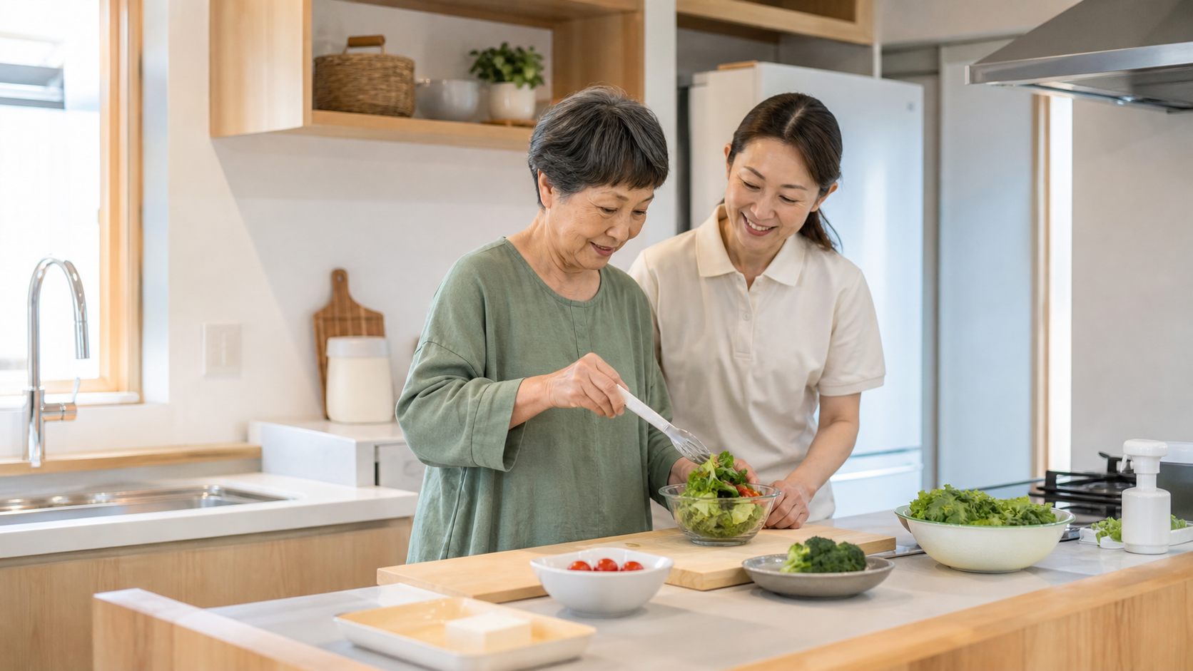 自宅の台所で専門職と安全に調理動作を練習する場面