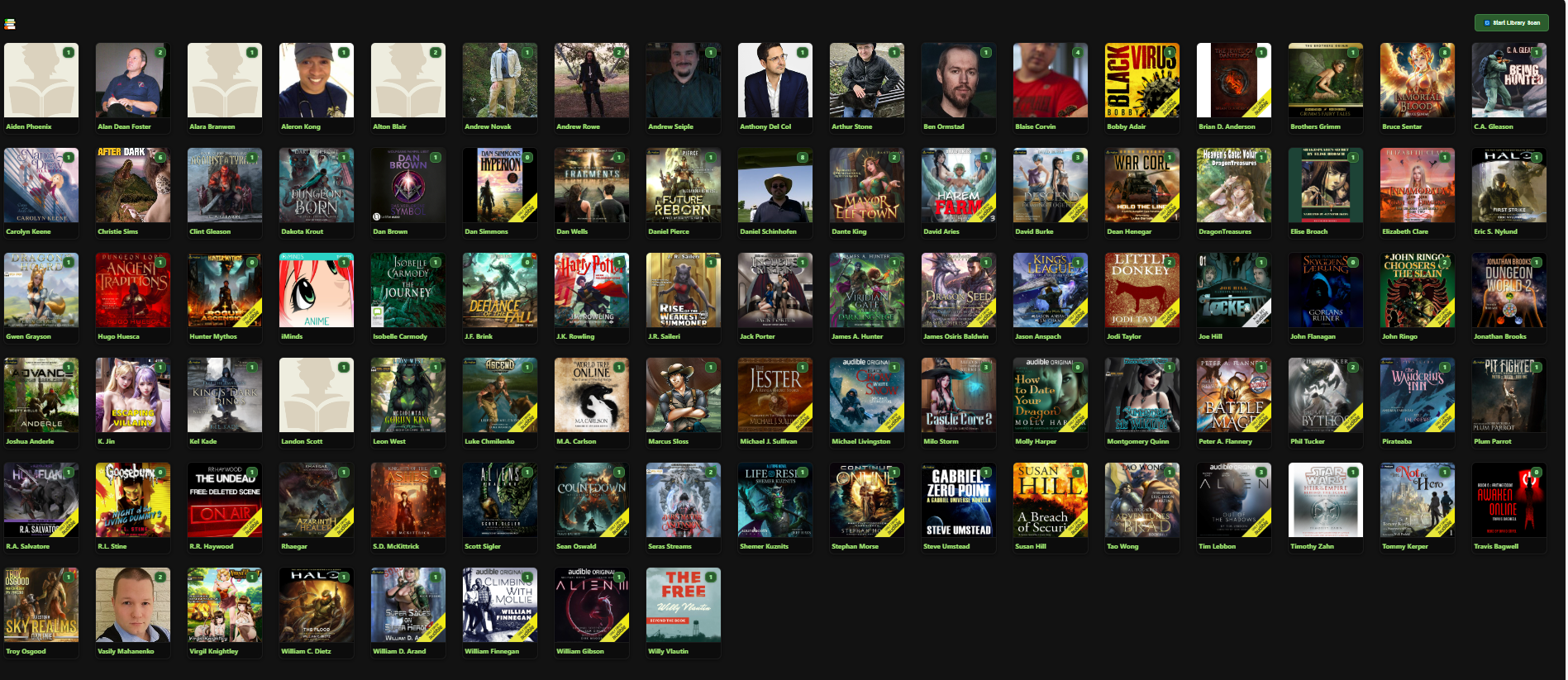 Original audiobook-manager library overview showing a grid of author cards with portraits or cover images, number badges, and the Start Library Scan button.