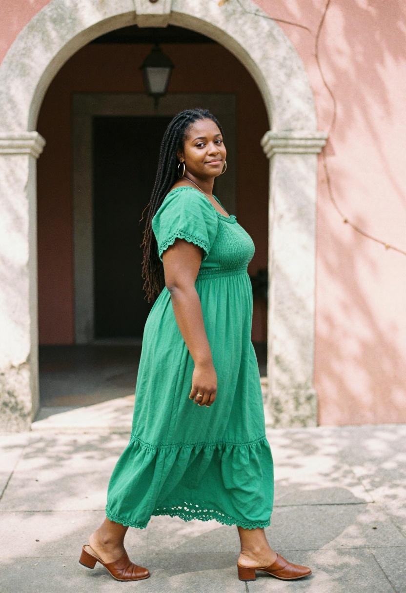 Plus size woman in emerald green smocked boho dress with crochet hem detail under an ivy-covered Mediterranean archway