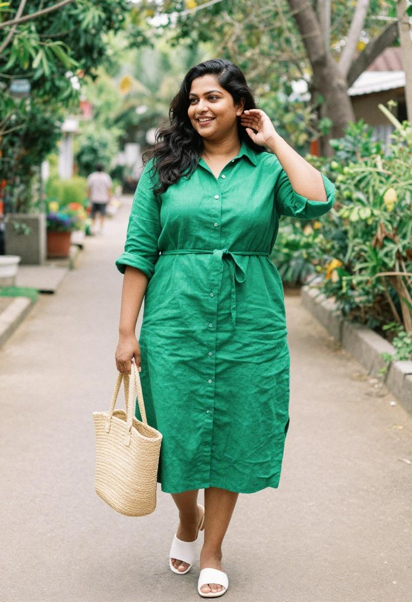 Emerald green belted linen shirt dress with white mules for a garden party