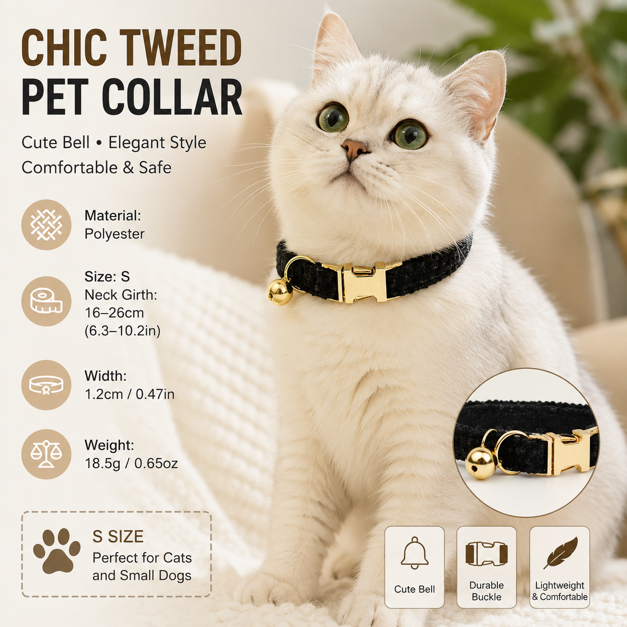 S Size Black Chic Tweed Pet Collar - Polyester with Gold Bell and Adjustable Buckle - Soft Lightweight Neckwear for Cats and Small Dogs, 16-26cm Fit