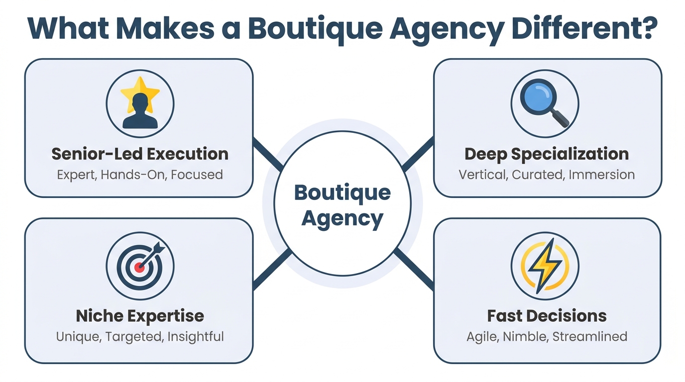 Hub-and-spoke diagram showing four defining traits of a boutique marketing agency: Senior-Led Execution, Deep Specialization, Fast Decisions, and Niche Expertise