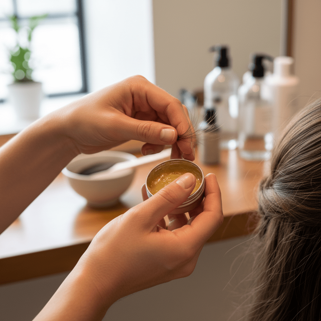 Hands warming beeswax balm and smoothing flyaways on hair