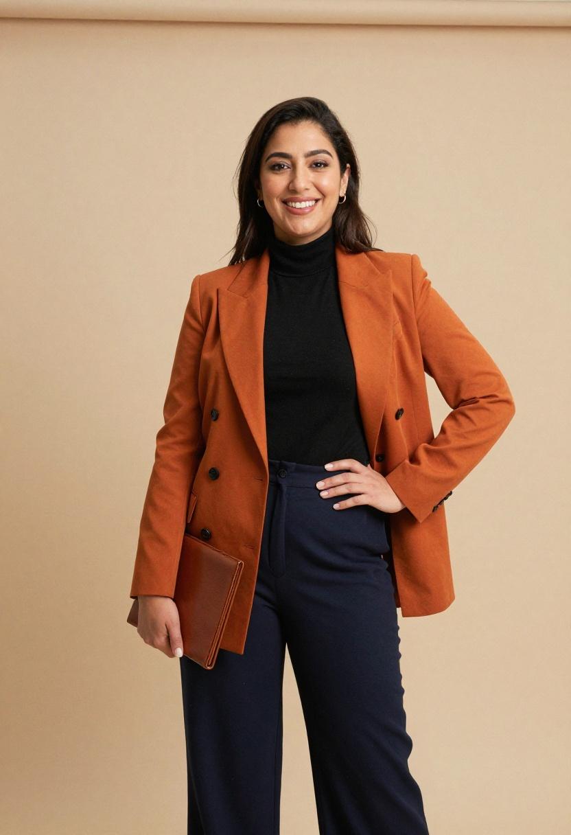Burnt orange double breasted blazer with navy trousers in a confident studio look