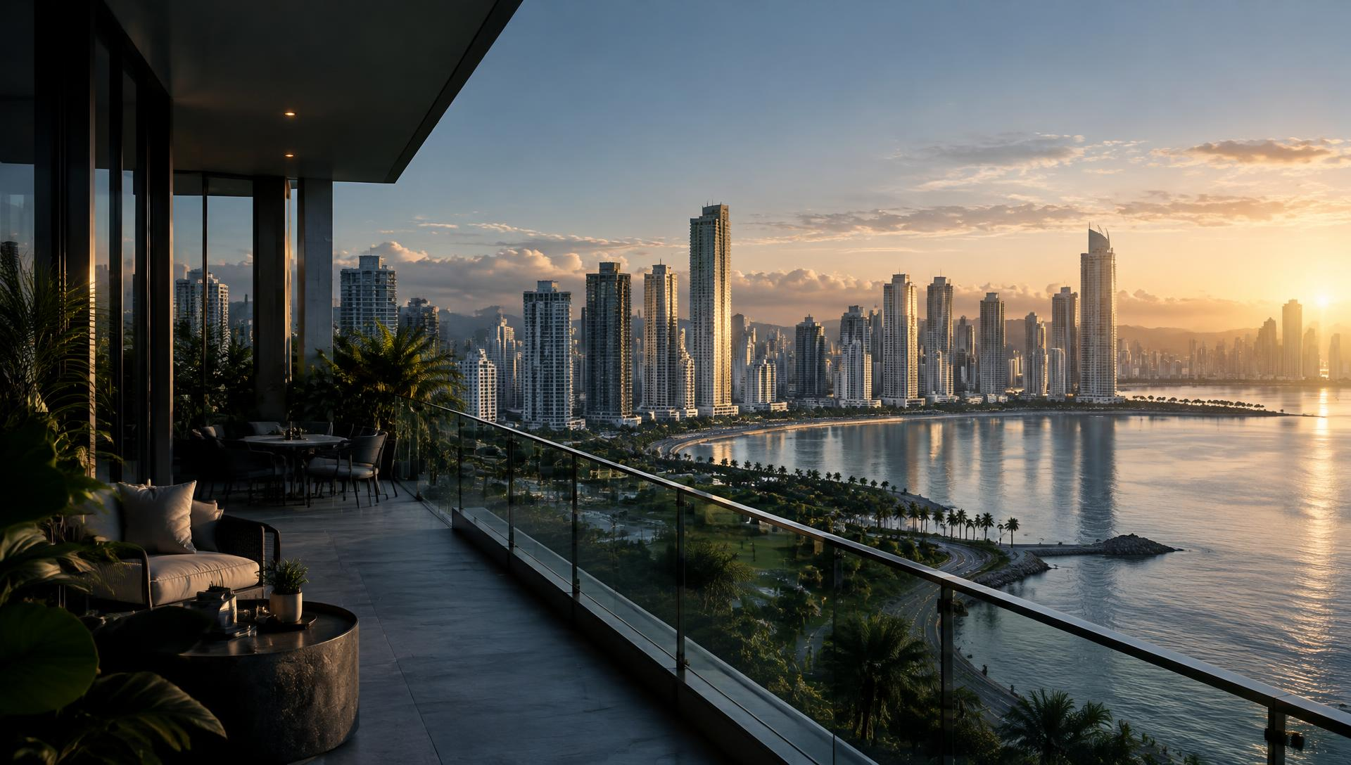 Panama City skyline and waterfront viewed from a modern residence