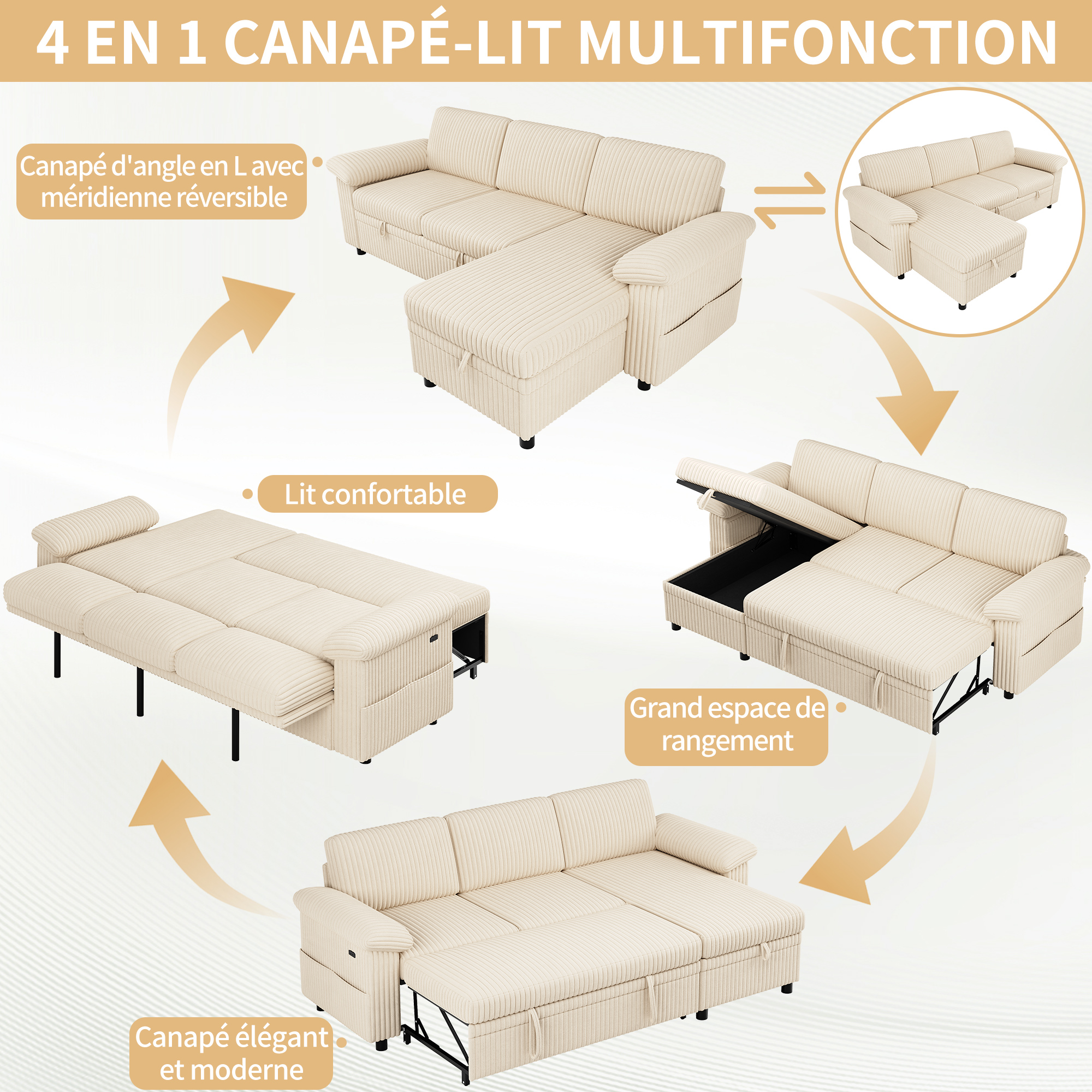 Canapé d'angle convertible beige dans le salon