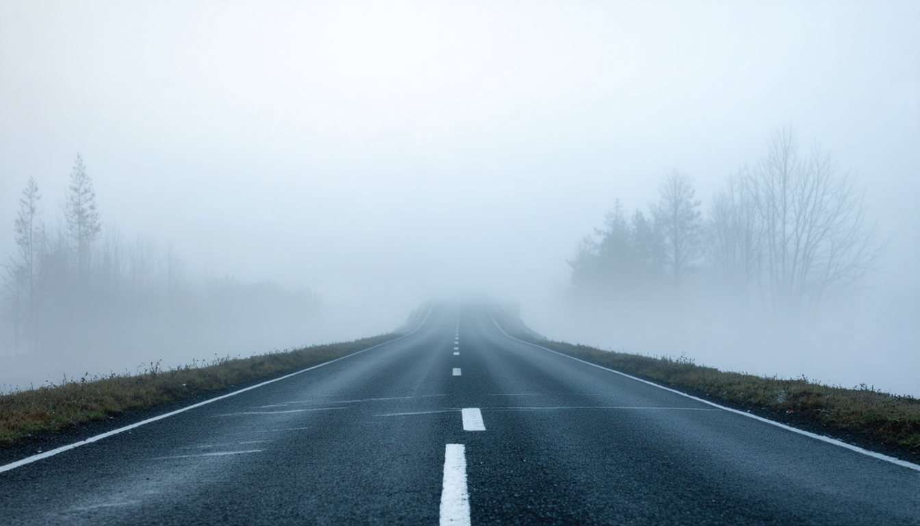 A single-lane road disappearing into thick fog, only the near stretch visible under flat gray light.