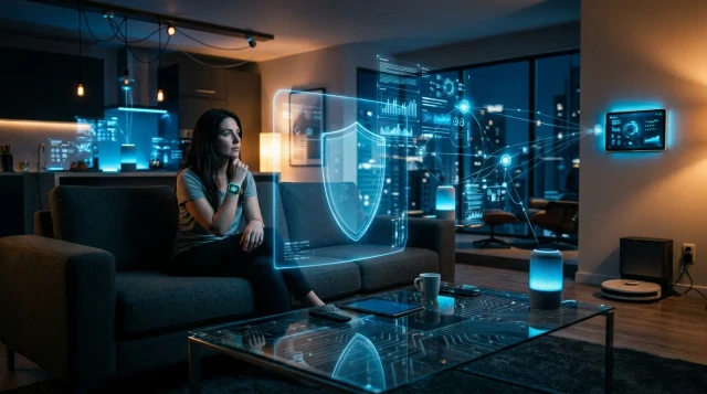 Person surrounded by glowing smart devices and holographic data streams in futuristic living room, contemplative mood