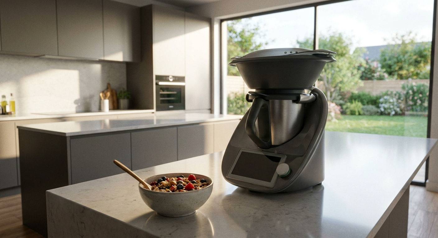 Nowoczesny thermomix w kuchni ze zdrowym musli.