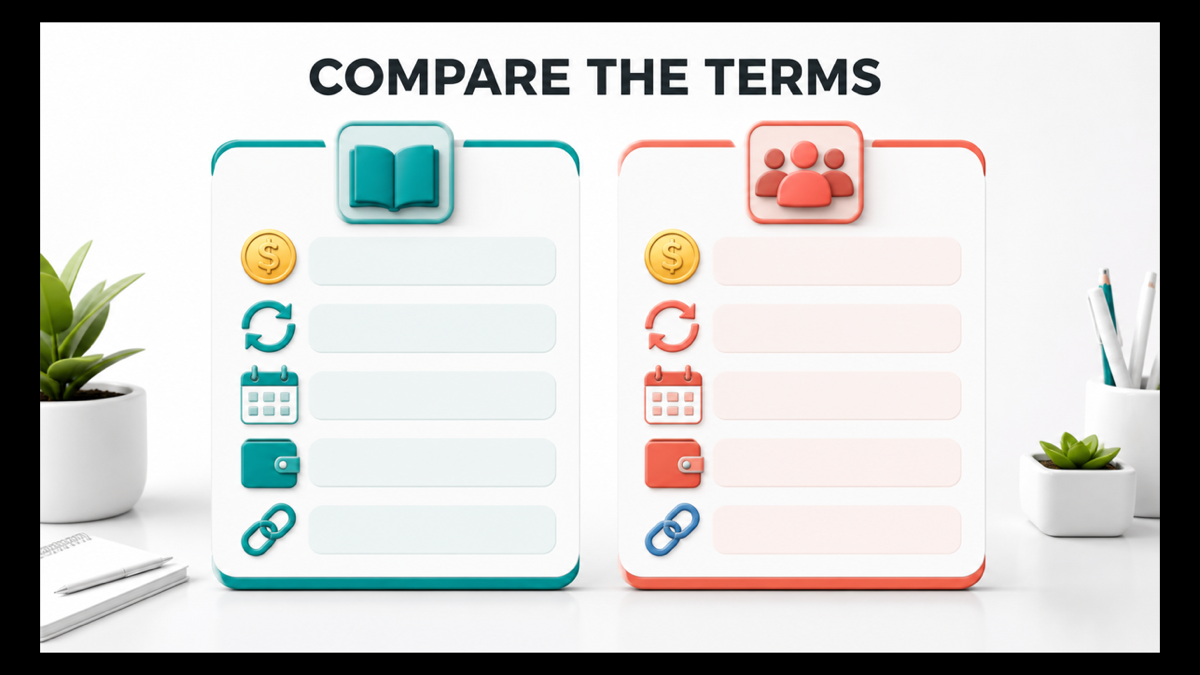 Circle and Thinkific affiliate terms comparison card with payout and tracking fields