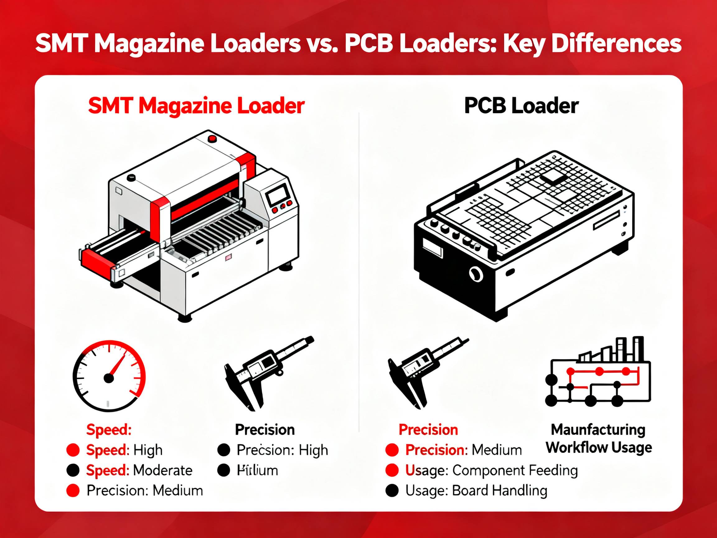 SMT and PCB loaders comparison icons.