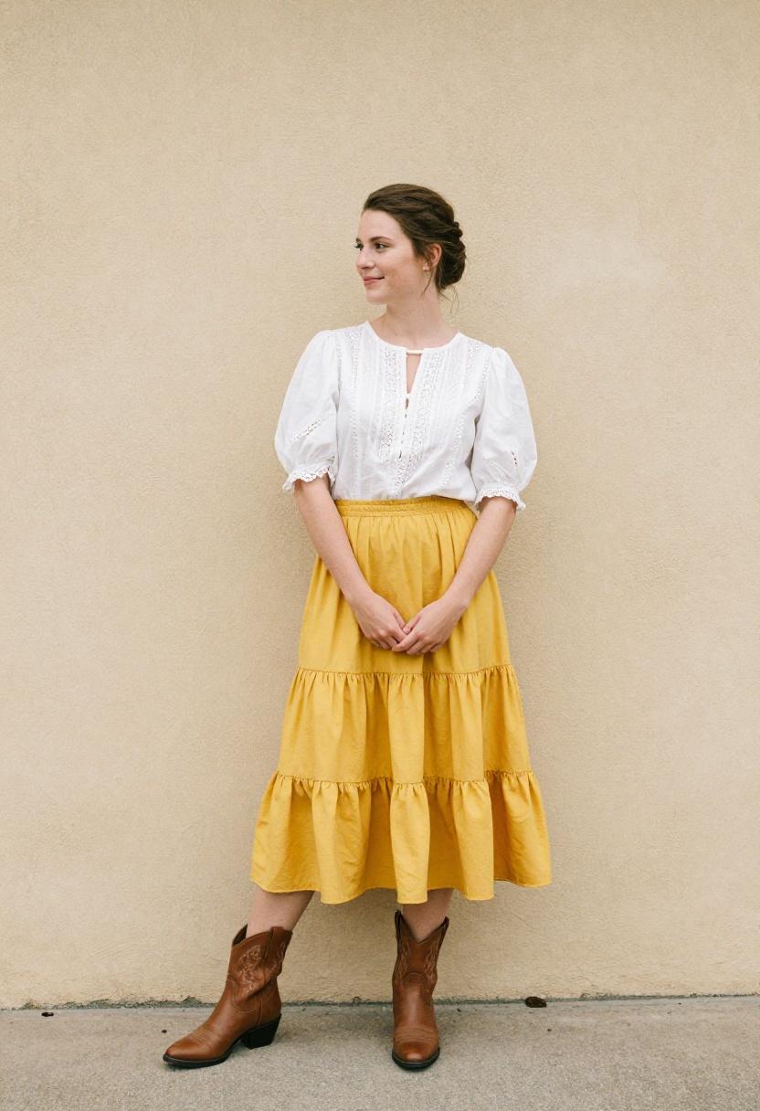 Mustard yellow tiered prairie skirt with lace blouse for feminine western charm at a ranch