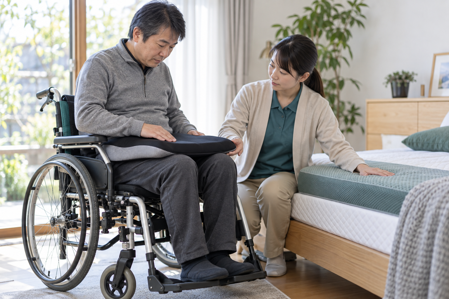 車椅子クッションとマットレスを本人と専門職が確認する場面