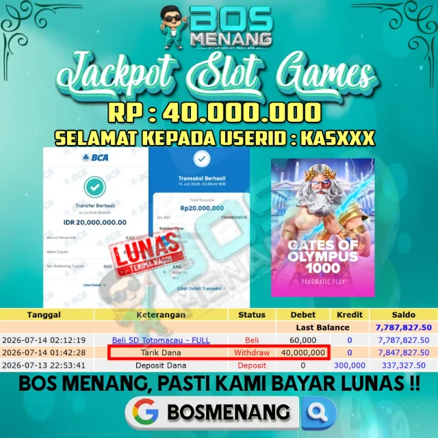 Tanggal 14 JULI 2026 - JACKPOT SLOT GAMES - Gates Of Olympus 1000  (PRAGMATIC PLAY)  Rp 40.000.000,-
