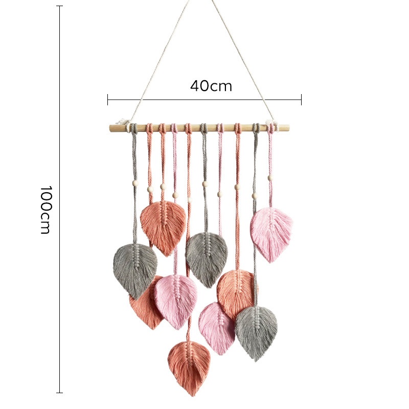Pink 40*100cm Handmade Macrame Leaf Wall Hanging - Cotton Boho Tapestry, Machine Washable, - Nordic Style Decor for Bedroom, Living Room, Nursery