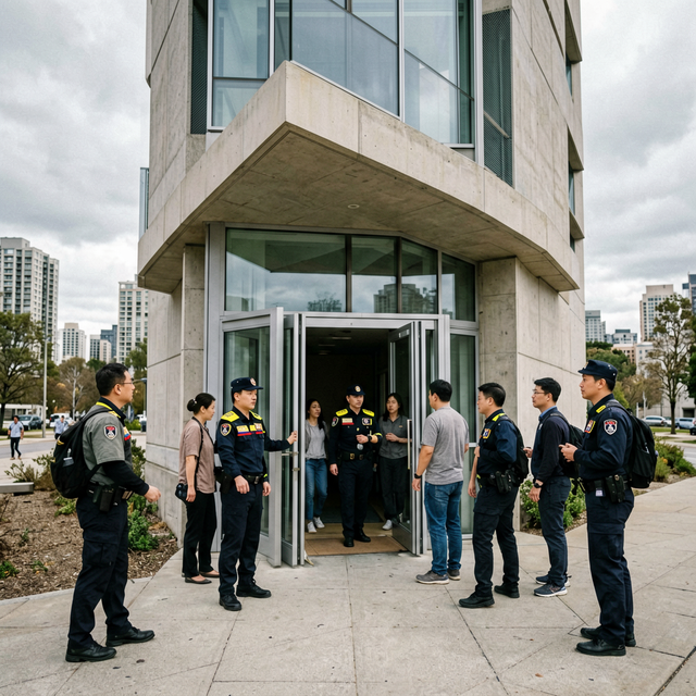 OpenAI headquarters exterior in San Francisco, security personnel and employees entering building, overcast sky, authentic documentary news