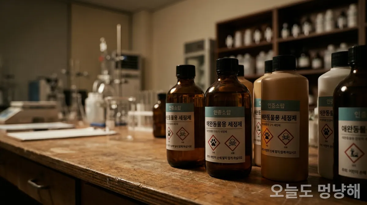 반려동물용 화학 세정제와 경고 표지가 함께 있는 모습, 흐릿한 실험실 배경